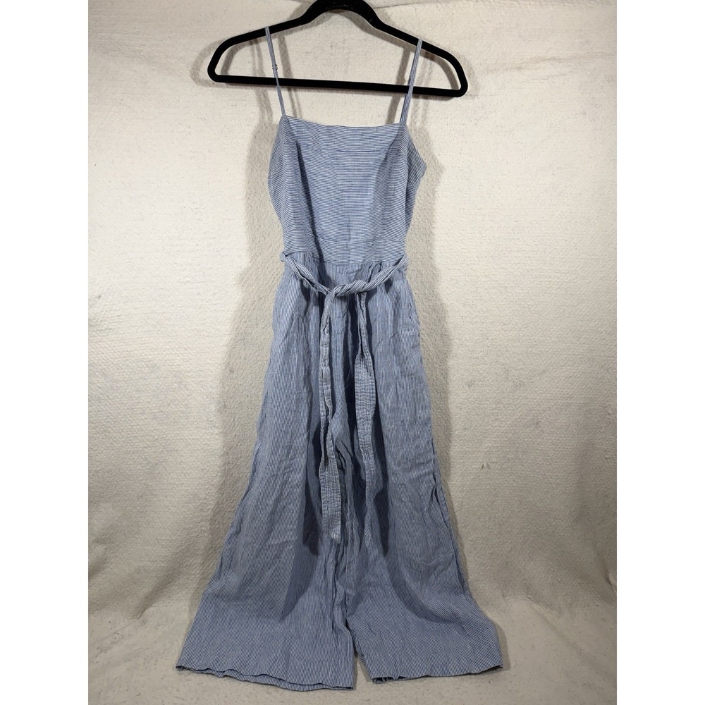 J Crew Womens 2 Blue White Striped Linen Wide Leg Jumpsuit Coastal Minimalist